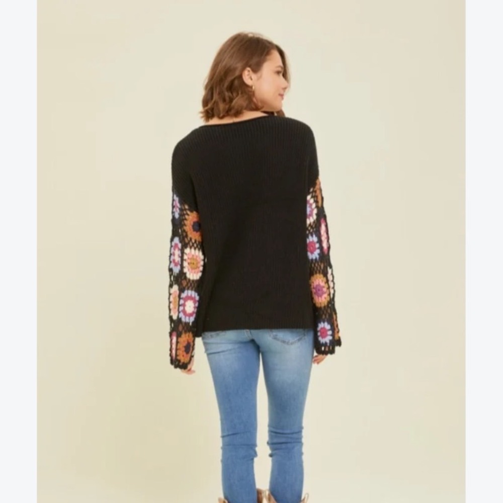 Umgee USA Black Floral Crochet Sleeve Top Boho Frayed Hem K6212 Small New